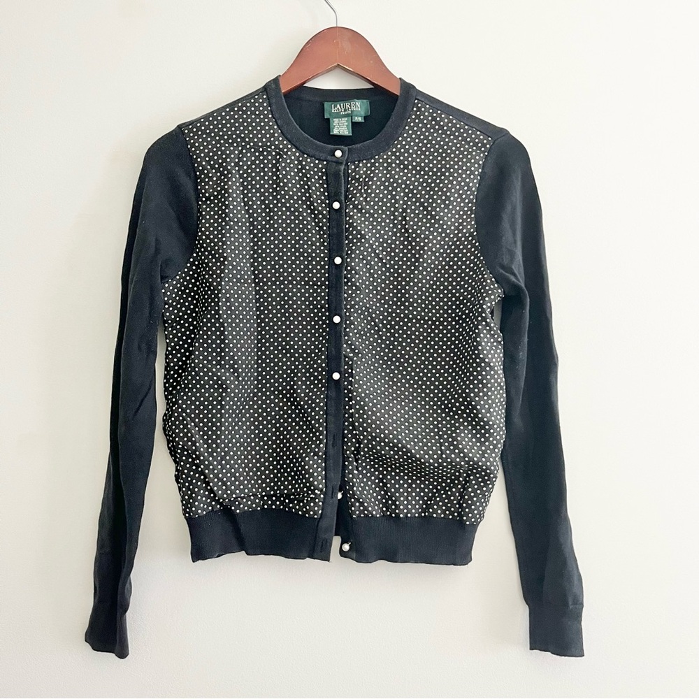 Lauren Ralph Lauren Silk Black & White Polka Dot Cardigan Sweater Petite Small